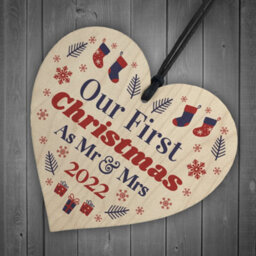 Red Ocean First Christmas Mr Mrs Bauble 2022 Wooden Heart Hanging Tree - thumbnail 6