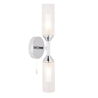 Chrome Plated Twin Bathroom Wall Light - Ribbed Glass Shade & Frosted Diffuser - image 1