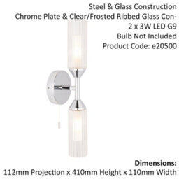 Chrome Plated Twin Bathroom Wall Light - Ribbed Glass Shade & Frosted Diffuser - thumbnail 2