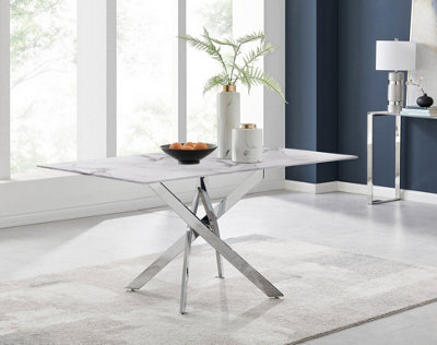 Furniturebox Uk Leonardo 6-Seater Dining Table With White Glass Marble Effect Top And Silver Legs - image 1