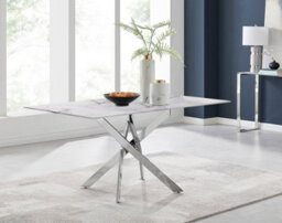 Furniturebox Uk Leonardo 6-Seater Dining Table With White Glass Marble Effect Top And Silver Legs