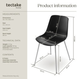 Tectake Set Of 6 Dining Chair Mave - Large Plastic Seat, Ergonomic, High Backrest, 120 Kg Load Capacity  - Black/chrome - thumbnail 6