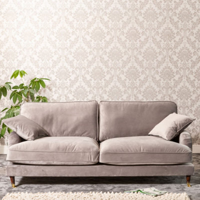 Mackenzie 207Cm Wide Grey 4 Seat Velvet Fabric Sofa With Brass Coloured Wheel Tipped Walnut Coloured Wooden Legs