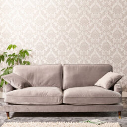 Mackenzie 207Cm Wide Grey 4 Seat Velvet Fabric Sofa With Brass Coloured Wheel Tipped Walnut Coloured Wooden Legs