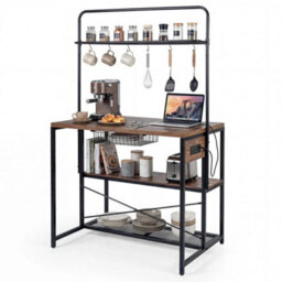 Kitchen Island With Power Outlet Metal Coffee Bar Table With 3 Open Shelves - thumbnail 1