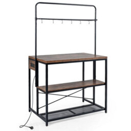 Kitchen Island With Power Outlet Metal Coffee Bar Table With 3 Open Shelves - thumbnail 6