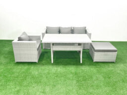 Fimous Garden Dining Set Outdoor Rattan Furniture Set Sofa Dining Table Big Stool Light Grey - thumbnail 2