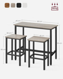 Songmics Vasagle Breakfast Bar Table Set With 2 Stools, Dining Table Set, Steel Frame, Heather Greige And Ink Black - thumbnail 2