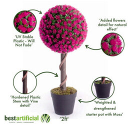 Best Artificial 2Ft / 60Cm Pink Rose Ball Tree Plant Garden Office Conservatory Tropical Indoor Outdoor - thumbnail 3