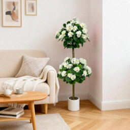 London Boutique Artificial Geranium Tree 120 Cm, Faux Flower Topiary Plant, Three Ball Design, Uv Resistant, White Plant In Pot - thumbnail 6