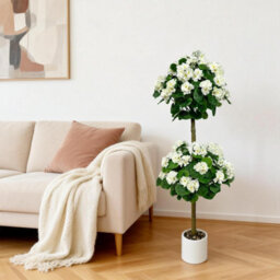 London Boutique Artificial Geranium Tree 120 Cm, Faux Flower Topiary Plant, Three Ball Design, Uv Resistant, White Plant In Pot - thumbnail 1