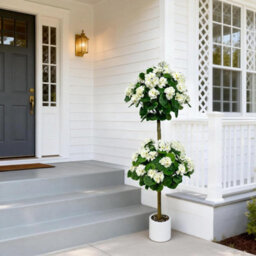 London Boutique Artificial Geranium Tree 120 Cm, Faux Flower Topiary Plant, Three Ball Design, Uv Resistant, White Plant In Pot - thumbnail 2