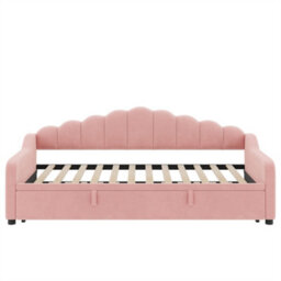 Abrihome 3Ft Single Daybed With Pull-Out Trundle, Velvet Upholstered Sofa Bed With Side Charging Station, Chic Fluted Scalloped Backrest - thumbnail 9