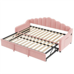 Abrihome 3Ft Single Daybed With Pull-Out Trundle, Velvet Upholstered Sofa Bed With Side Charging Station, Chic Fluted Scalloped Backrest - thumbnail 8