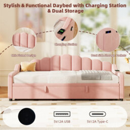 Abrihome 3Ft Single Daybed With Pull-Out Trundle, Velvet Upholstered Sofa Bed With Side Charging Station, Chic Fluted Scalloped Backrest - thumbnail 3