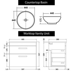 Royal Bathrooms 600mm Wall Hung Vanity Unit 2 Drawer Indigo Grey Gloss & Breeze Countertop Basin With Matt Black Handle - thumbnail 4