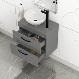 Royal Bathrooms 600mm Wall Hung Vanity Unit 2 Drawer Indigo Grey Gloss & Breeze Countertop Basin With Matt Black Handle - thumbnail 3