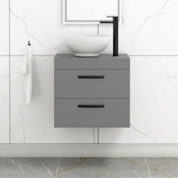 Royal Bathrooms 600mm Wall Hung Vanity Unit 2 Drawer Indigo Grey Gloss & Breeze Countertop Basin With Matt Black Handle - thumbnail 1