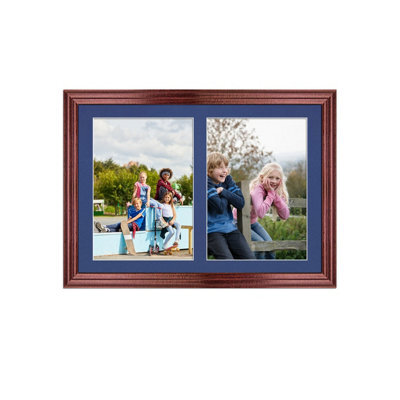 AK Frames 20X14 Rose Wood Classic Multi Photo Frame With Blue Mount - Holds 2 Apertures (2X) A4 Photos - image 1