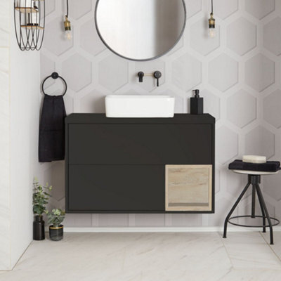 Homestylestore Black Grey 1000mm Wall Hung Bathroom Vanity Unit With Rectangular Countertop Basin And Led Light - image 1