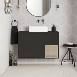 Homestylestore Black Grey 1000mm Wall Hung Bathroom Vanity Unit With Rectangular Countertop Basin And Led Light - thumbnail 1