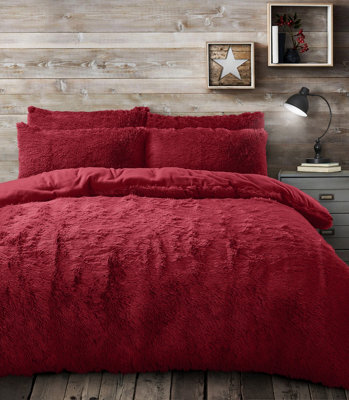 Velosso Shaggy Teddy Duvet Cover & Pillowcase Set, Cosy Bedding For Warm Bedroom Essentials, Soft Texture, Machine Washable - Red