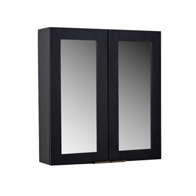 Homestylestore 600 X 650mm Black Grey Wall Mounted Mirrored Door Bathroom Cabinet And Aged Gold Finger Pull Handles - image 1