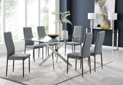 Furniturebox Uk Leonardo 6 Dining Table And 6 Grey Velvet Milan Black Leg Chairs - image 1