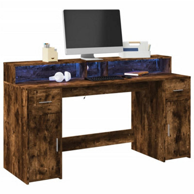 Berkfield Desk With Led Lights Smoked Oak 160X55X91 Cm Engineered Wood - image 1