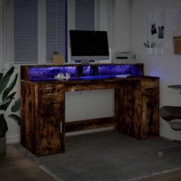 Berkfield Desk With Led Lights Smoked Oak 160X55X91 Cm Engineered Wood - thumbnail 5