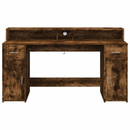 Berkfield Desk With Led Lights Smoked Oak 160X55X91 Cm Engineered Wood - thumbnail 6
