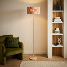 Valuelights Heather Light Wood Floor Lamp With Orange Checkerboard Bamboo Shade