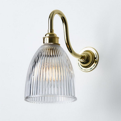 Old School Electric Elongated Prismatic Wall Light : Swan Arm : Bathroom Version - Polished Brass