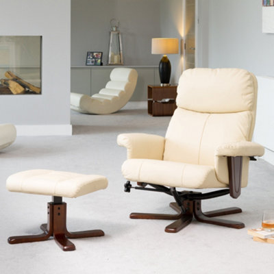 Woodacre 88Cm Wide Compact Cream Bonded Leather 360 Degree Ergonomic Swivel Base Recliner Chair And Footstool