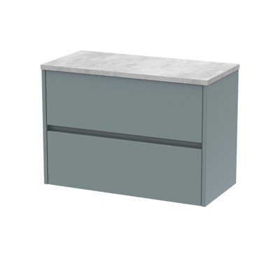 Nuie Havana Wall Hung 2-Drawer Vanity Unit & Worktop In Bellato Grey, Countertop Basin Unit In Coastal Grey, 800mm