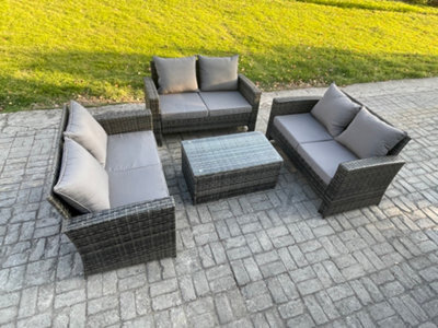 Fimous Dark Grey 6 Seater Outdoor Rattan Garden Furniture Set Patio Love Sofa Rectangular Coffee Table Set - image 1