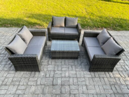 Fimous Dark Grey 6 Seater Outdoor Rattan Garden Furniture Set Patio Love Sofa Rectangular Coffee Table Set - thumbnail 2