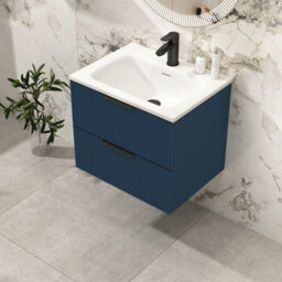Royal Bathrooms Evora 600mm Midnight Blue Fluted Wall Hung Bathroom Vanity Unit 2 Drawer Cabinet Storage With Stone Basin & Matt Black Handles - thumbnail 4