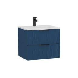 Royal Bathrooms Evora 600mm Midnight Blue Fluted Wall Hung Bathroom Vanity Unit 2 Drawer Cabinet Storage With Stone Basin & Matt Black Handles - thumbnail 5
