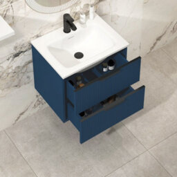 Royal Bathrooms Evora 600mm Midnight Blue Fluted Wall Hung Bathroom Vanity Unit 2 Drawer Cabinet Storage With Stone Basin & Matt Black Handles - thumbnail 3