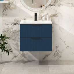 Royal Bathrooms Evora 600mm Midnight Blue Fluted Wall Hung Bathroom Vanity Unit 2 Drawer Cabinet Storage With Stone Basin & Matt Black Handles