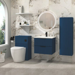 Royal Bathrooms Evora 600mm Midnight Blue Fluted Wall Hung Bathroom Vanity Unit 2 Drawer Cabinet Storage With Stone Basin & Matt Black Handles - thumbnail 2