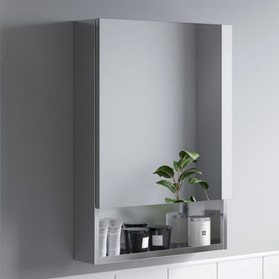 Aveli Bathroom Single Door Mirror Stainless Steel Open Shelf Modern Cabinet 500 X 700 - image 1
