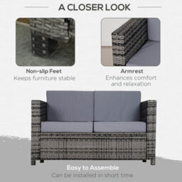 Outsunny Rattan Wicker 2-Seat Sofa Loveseat Padded Garden Furniture Grey - thumbnail 6