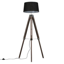 Valuelights Clipper Wood And Silver Chrome Tripod Floor Lamp With Black Tapered Shade - Complete With 6W Led Gls Bulb