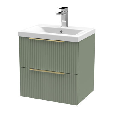 Balterley Fluted Front Wall Hung 2-Drawer Bathroom Vanity Unit And Mid-Edge Basin, 500mm, Satin Green, Brushed Brass Handles - image 1