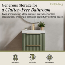 Balterley Fluted Front Wall Hung 2-Drawer Bathroom Vanity Unit And Mid-Edge Basin, 500mm, Satin Green, Brushed Brass Handles - thumbnail 3