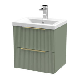 Balterley Fluted Front Wall Hung 2-Drawer Bathroom Vanity Unit And Mid-Edge Basin, 500mm, Satin Green, Brushed Brass Handles - thumbnail 1