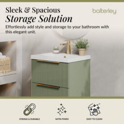 Balterley Fluted Front Wall Hung 2-Drawer Bathroom Vanity Unit And Mid-Edge Basin, 500mm, Satin Green, Brushed Brass Handles - thumbnail 2