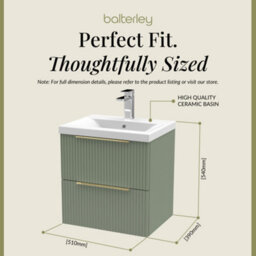Balterley Fluted Front Wall Hung 2-Drawer Bathroom Vanity Unit And Mid-Edge Basin, 500mm, Satin Green, Brushed Brass Handles - thumbnail 5